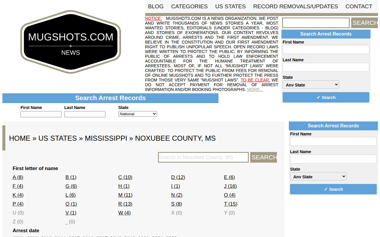 Noxubee County historical mugshot record index from an unofficial third-party source
